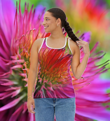 Portfolio of Essence Innovation | Model wearing Essence Innovation apparel inspired by nature's vibrant colors.